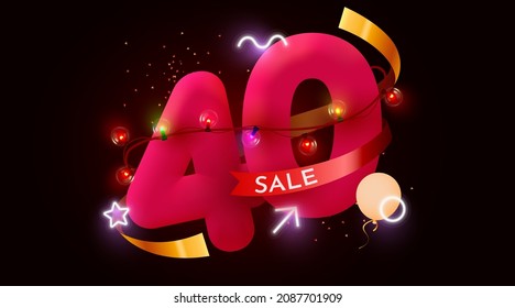 40 percent Off. Discount creative composition. 3d sale symbol with decorative objects. Sale banner and poster. Vector illustration.