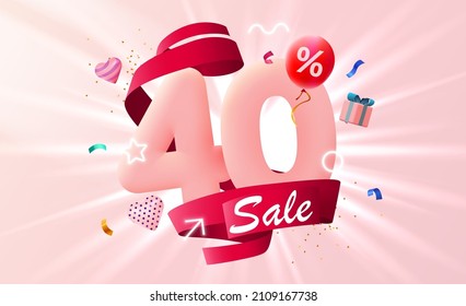 40 percent Off. Discount creative composition. 3d sale symbol with decorative objects, heart shaped balloons and gift box. Sale banner and poster. Vector illustration.