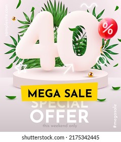 40 percent Off. Discount creative composition. Summer sale banner with decorative objects, palm leaves and gift box. Sale banner and poster. Vector illustration.