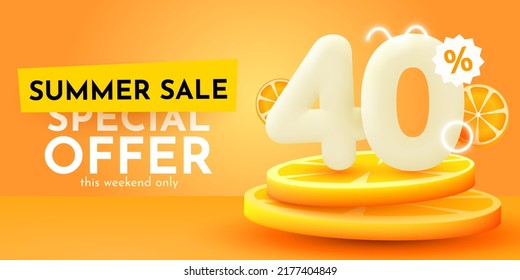 40 percent Off. Discount creative composition. Summer sale banner with orange. Sale banner and poster. Vector illustration.