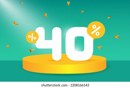40 percent Off. Discount creative composition. 3d sale symbol with decorative objects, podium. Sale banner and poster