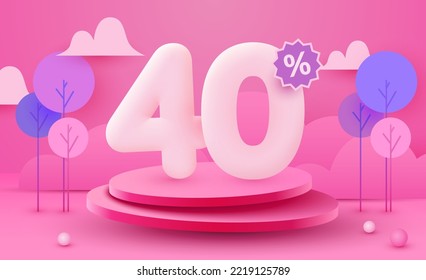 40 % Rabatt. Discount Creative Komposition. 3D-Verkaufssymbol mit dekorativen Gegenständen und Podium. Verkaufen Sie Banner und Poster. Vektorgrafik.