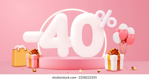 40 % Rabatt. Discount Creative Komposition. Verkaufssymbol mit dekorativen Gegenständen, Ballons und Geschenkbox. Verkaufen Sie Banner und Poster. Vektorgrafik.