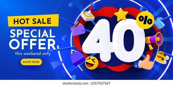40% de descuento. Descubre la composición creativa. Mega venta. Ilustración vectorial.