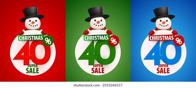 40 percent Off. Discount creative composition with snowman in hat. Merry Christmas and Happy New Year. Sale banner set. Vector illustration.
