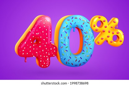 40 percent Off. Discount dessert composition. 3d mega sale 40% symbol with flying sweet donut numbers. Sale banner or poster. Vector illustration