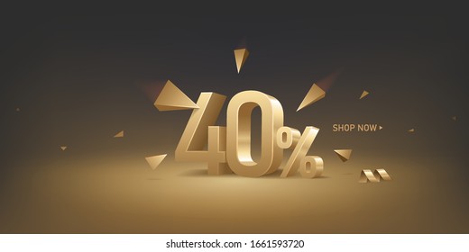 40 percent off discount sale background. 3D golden numbers with percent sign and arrows. Promotion template design.