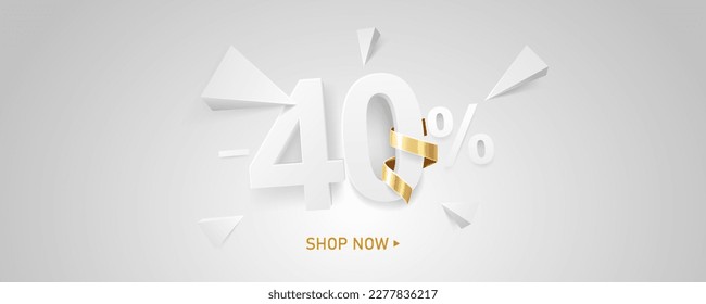 40 Percent off discount sale background. White 3D number with percent sign and golden ribbon. Promotion template design.