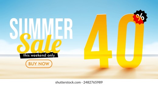 40 percent Off. Discount summer composition. Ocean beach. Sale banner and poster. Vector illustration.
