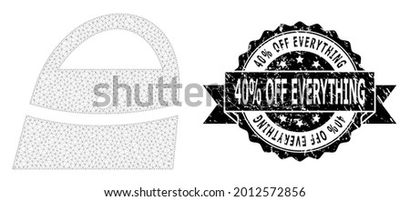 40 percent Off Everything grunge seal print and vector shopping bag mesh structure. Black seal includes 40 percent Off Everything tag inside ribbon and rosette. Abstract 2d mesh shopping bag, built