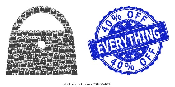 40 percent Off Everything scratched round stamp seal and vector fractal collage lady bag. Blue seal has 40 percent Off Everything tag inside round shape. Vector collage is done of recursive lady bag