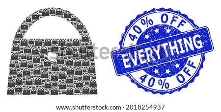 40 percent Off Everything scratched round stamp seal and vector fractal collage lady bag. Blue seal has 40 percent Off Everything tag inside round shape. Vector collage is done of recursive lady bag