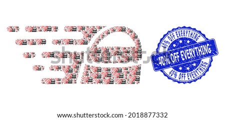 40 percent Off Everything textured round stamp seal and vector recursive composition shopping bag. Blue stamp seal includes 40 percent Off Everything title inside round shape.