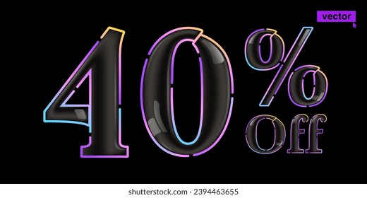 40% percent OFF glossy black lettering with vivid neon lines. Rainbow gradient 3D badge for Super Sale banner. Colorful vector emblem for Special Price design, Discount Offer labels, Coupon Template.