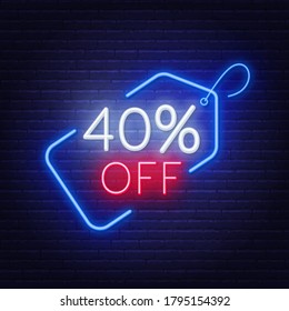 40 percent off neon sign on a dark background.