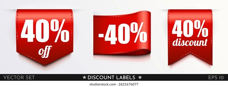 40% de desconto. Etiqueta de venda de fita. Rótulo de porcentagem vermelho. Ilustração vetorial