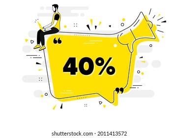 40 percent off Sale. Alert megaphone chat banner with user. Discount offer price sign. Special offer symbol. Discount chat message loudspeaker. Alert megaphone people background. Vector