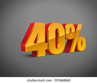 40% percent off, sale background, red-golden-yellow object 3D. Eps10 Vector.