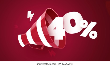 40 percent off. Sale banner with 3D megaphone. Vector illustration