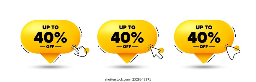 Up to 40 percent off sale. Click here buttons. Discount offer price sign. Special offer symbol. Save 40 percentages. Discount tag speech bubble chat message. Talk box infographics. Vector