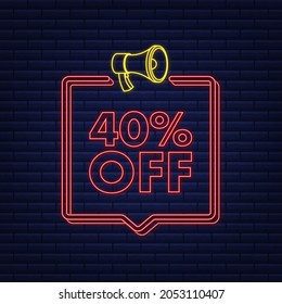 40 percent OFF Sale Discount neon banner with megaphone. Discount offer price tag. 40 percent discount promotion flat icon with long shadow. Vector illustration.