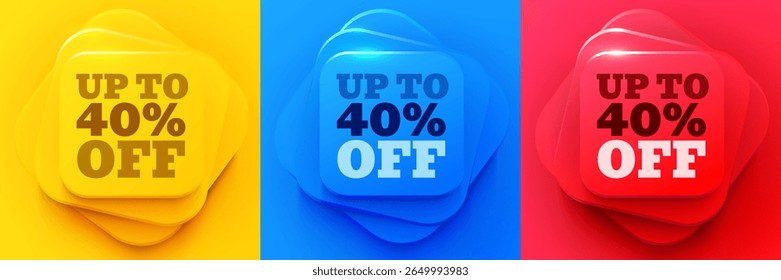 Até 40% de desconto. Bandeiras de oferta neumórficas. Sinal de preço de oferta de desconto. Símbolo de oferta especial. Plano de fundo do pódio da etiqueta de desconto. Vetor