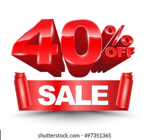 40 percent off sale red ribbon banner roll. Vector illustration for promotion advertising.