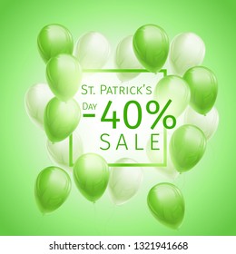 40 percent off sale St. Patricks Day Sale Banner with flying green and white balloons and frame on green background