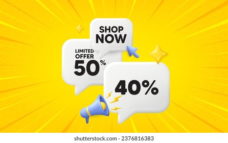 40 percent off sale tag. 3d offer chat speech bubbles. Discount offer price sign. Special offer symbol. Discount speech bubble 3d message. Talk box megaphone banner. Vector