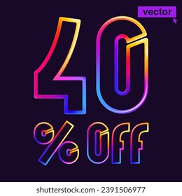 40% percent OFF vivid neon line emblem. Rainbow gradient Special Price design. Holiday Sale vector banner. Gradient icon for Discount coupon, Buy Now promo, multicolored lettering, vibrant advertising