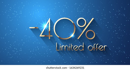 40% Percent Offer Background with golden shining numbers. Sale banner template design. New Year, Black Friday holiday seasonal discount template