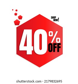 40% percent off(offer), with red pentagon shaped discount icon design, shop now. vector illustration