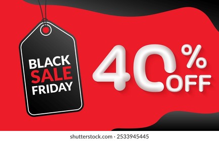 40 percent price off. Black Friday sale banner with hanging price tag. Discount banner, label, flyer design. Promo and marketing poster template. Vector illustration.