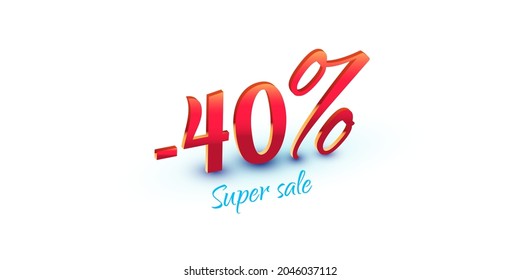40 Percent Red Colored Numbers isolated on white background. Super sale text. Sale symbol for seasonal advertisement design