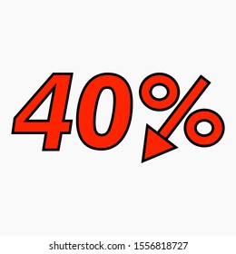The 40 percent reduction icon is red. Price drop. Interest rate reduction. Sell-out. Stock symbol. Discount. Markdown of goods. Bonus discount. Vector icon.