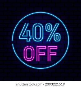 40 percent SALE glowing neon lamp sign. Vector illustration.