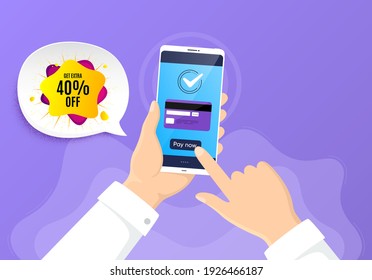 40 Percent Sale Liquid Shape Sticker. Pay By Credit Card From Phone. Discount Banner. Sale Coupon Icon. Sale Shape Badge. Online Payment By Credit Card. Hand Hold Smartphone. Vector