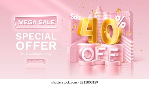 40 por ciento Oferta especial mega venta, confeti dorado, podio y caja de regalo. Cartel y afiche de venta. Ilustración vectorial.