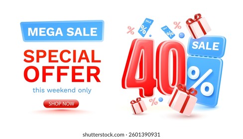 40 percent Special offer mega sale, Check and gift box. Sale banner and poster. Vector illustration.