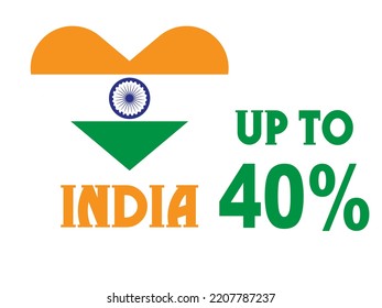 
40% percentage India with Flag color vector art illustration with heart shape, font, green, orange and white color.