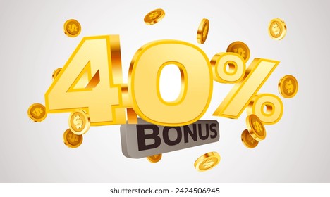 40 percents bonus. Falling golden coins. Cashback or prize concept. Vector illustration