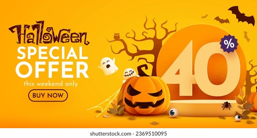 40 percents off. Halloween sale banner template. Podium and numbers with amount of discount. Special October offer. Vector illustration.