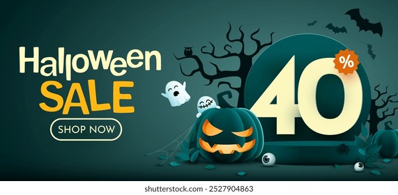 40 por ciento de descuento. Plantilla de Anuncio de venta de Halloween. Podio y números con cantidad de descuento. Oferta especial de octubre. Ilustración vectorial.