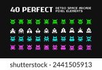 40 Pixel art icons of Retro Space Arcade Game. Simple Pixel UFO aliens and monsters vs spaceships retro video game collection. Perfect Pixel Art colorful silhuette icons set - vector pixel graphics