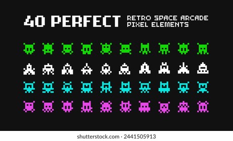 40 Pixel art icons of Retro Space Arcade Game. Simple Pixel UFO aliens and monsters vs spaceships retro video game collection. Perfect Pixel Art colorful silhuette icons set - vector pixel graphics