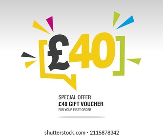 40 Pound Sterling internet website promotion sale offer big sale and super sale modern colorful coupon code £40 discount gift voucher coupon