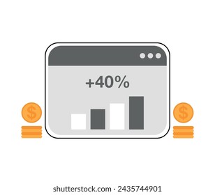 40% profit earned. Capital profit online, virtual screen with financial gains. Profitable bar chart, capital gain