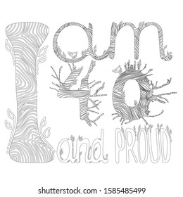 I am 40 and proud - vector hand drawing illustration. Black outline picture for greeting, birthday cards, posters. Coloring page on white isolated background.  For forty years old people.
