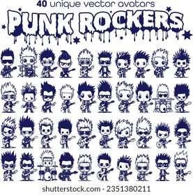 40 Punk Rocker mascots. A collection of single color minimalistic vector icons. Each icon is an isolated object with simplicity in mind.