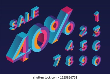 40% sale. 0, 1, 2, 3, 4, 5, 6, 7, 8, 9 isometric 3D numeral alphabet. Percent off, sale background. Colorfull polygonal triangle Letter. Eps10. Vector Isolated Number.